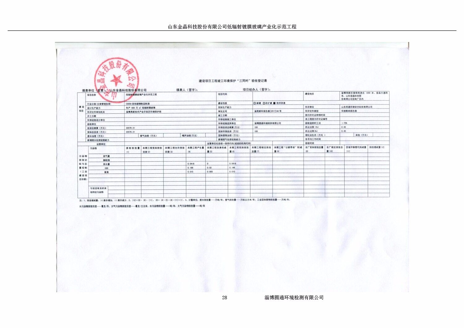 山东球速科技股份有限公司低辐射镀膜玻璃环保验收报告